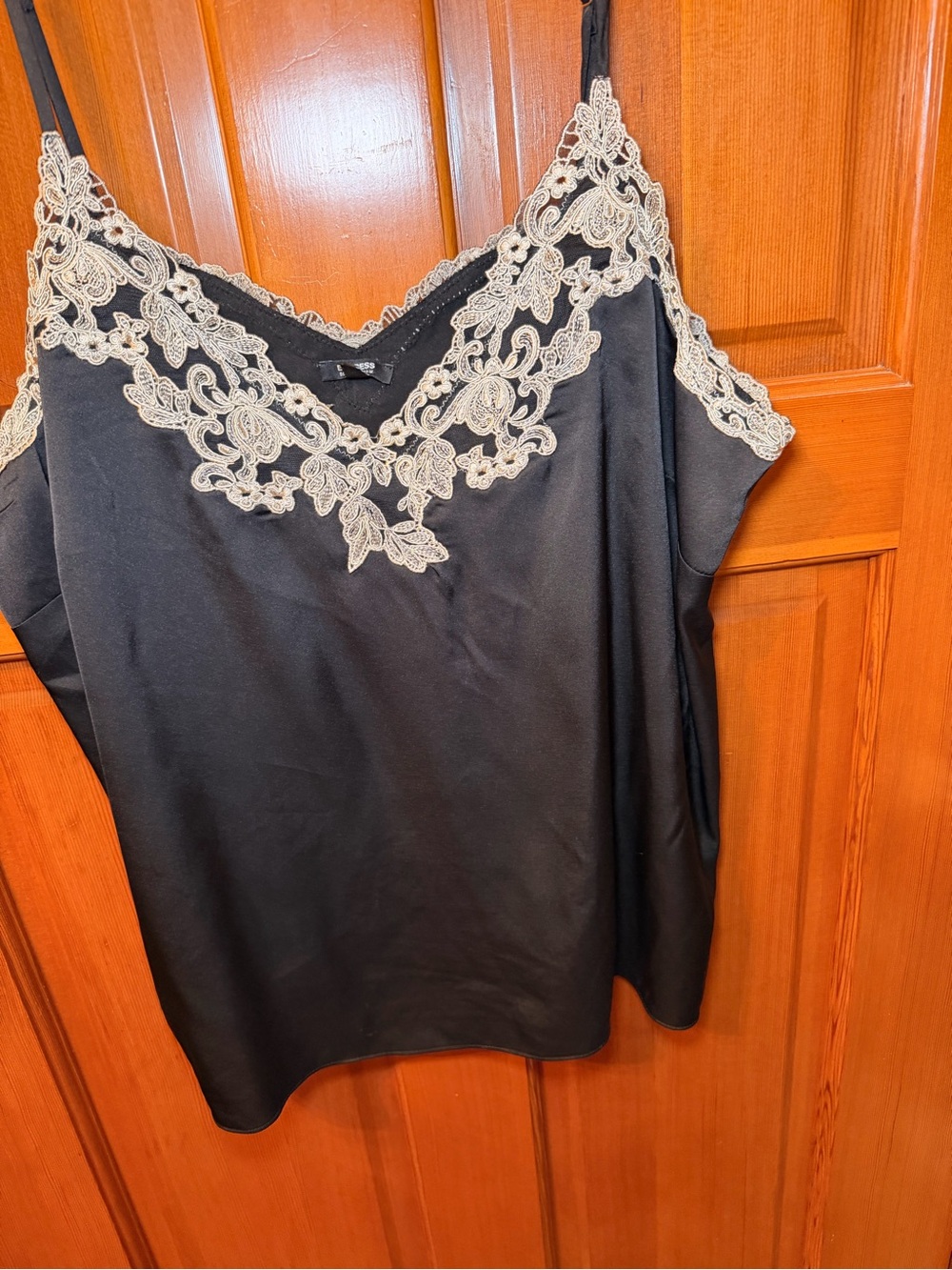 Express Black Satin Cami with Cream Lace Trim; runs big; size large